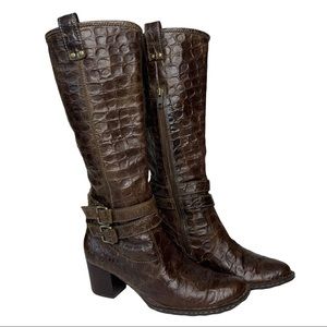 BORN Lewisa Brown Croc Embossed Leather Double Buckle Heeled Boots 7.5